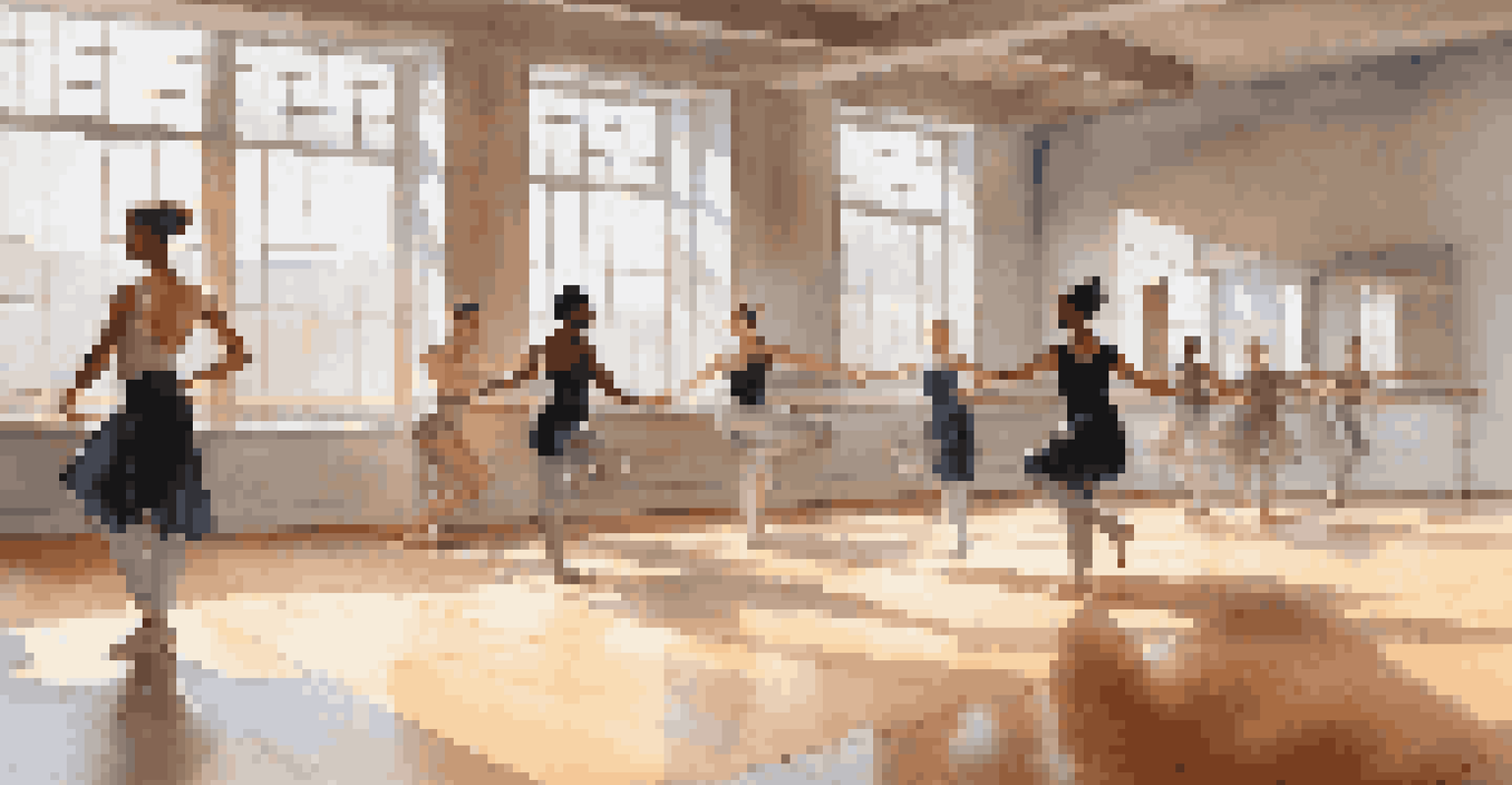 A diverse group of dancers in a contemporary dance class within a sunlit studio, practicing fluid movements on a wooden floor with mirrors reflecting their actions.