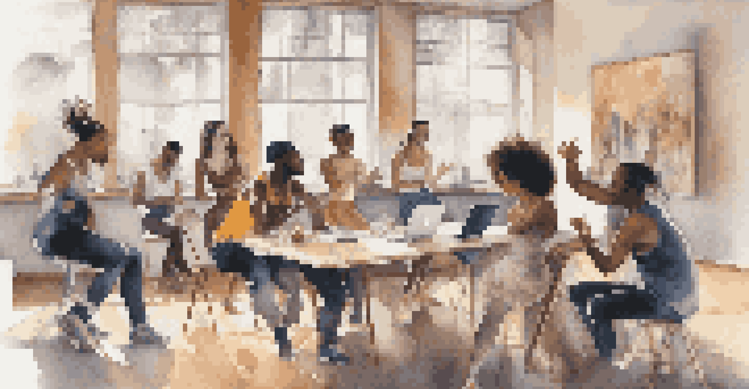 A diverse group of dancers discussing around a table with laptops, showcasing various dance styles and bright natural light streaming in.
