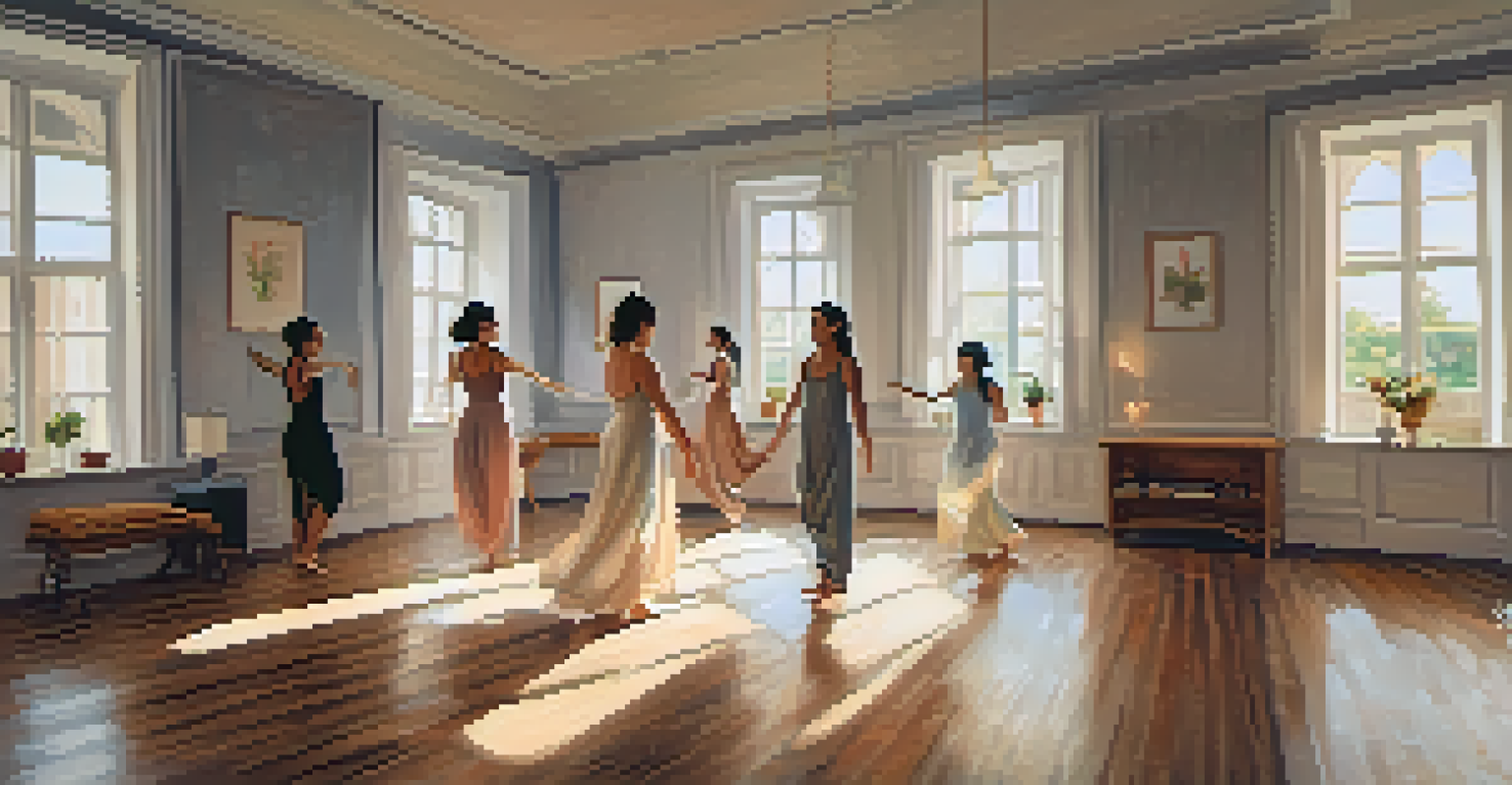 Participants in a dance therapy session expressing emotions through movement in a softly lit room with natural light and calming decor.
