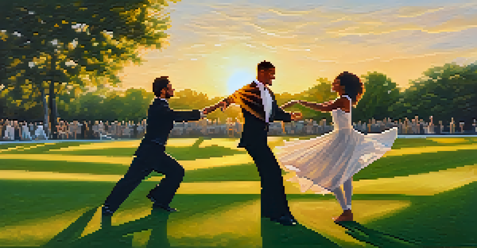 A male and female dancer performing a duet in a park during sunset, showcasing strength and fluidity.