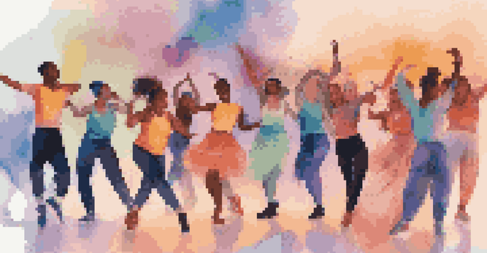 A diverse group of dancers performing different styles in a digital collage, with social media icons in the background.