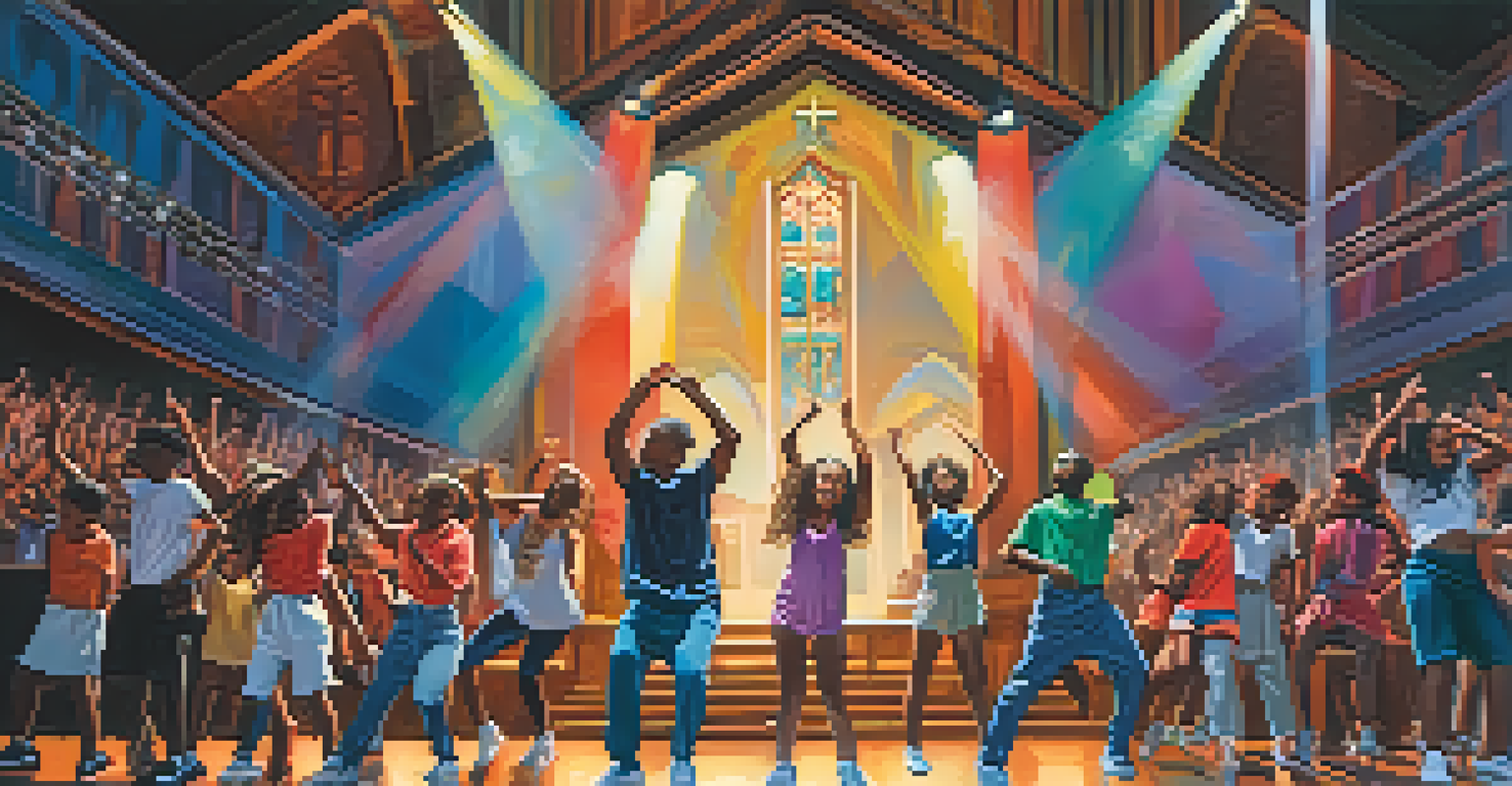 Young dancers performing a modern hip-hop routine on stage during a church service, with vibrant lights and religious symbols in the background.
