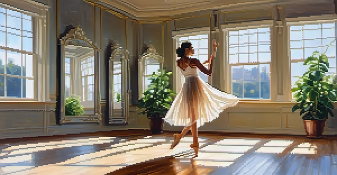 A dancer elegantly moves in a sunlit dance studio, surrounded by mirrors and plants, conveying a sense of tranquility and emotional expression.