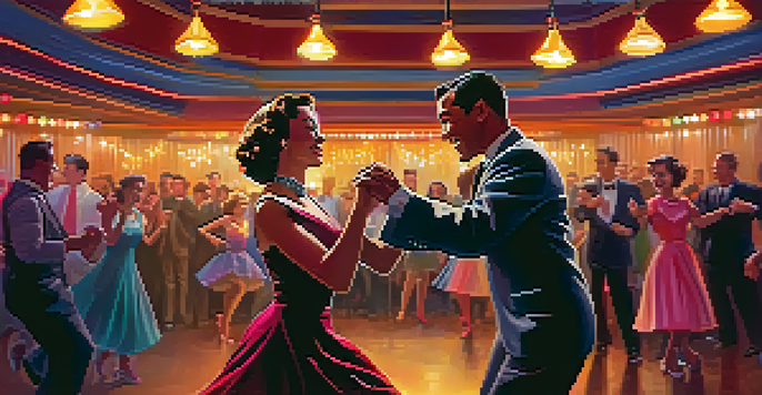A couple dances in a 1950s jazz club, surrounded by colorful lights and an enthusiastic audience.