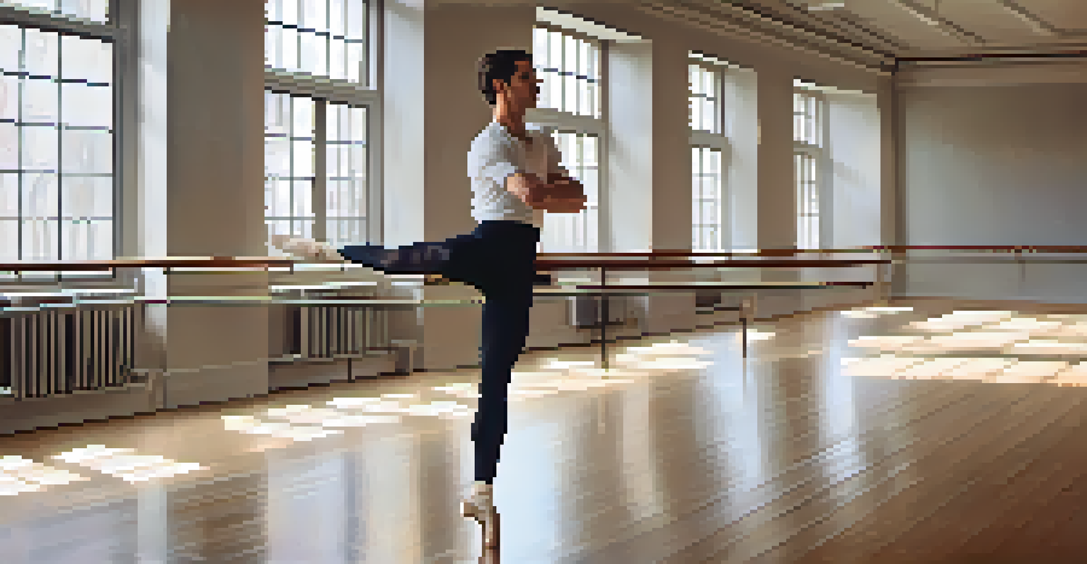 A male ballet dancer practicing in a bright dance studio, with sunlight streaming through the windows.