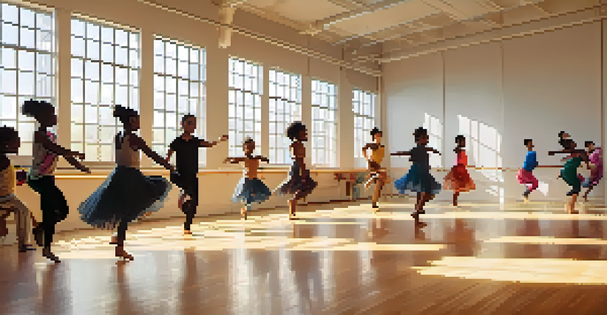 A group of diverse individuals participating in a dance therapy session in a bright studio, expressing themselves through movement with warm light filtering in from large windows.