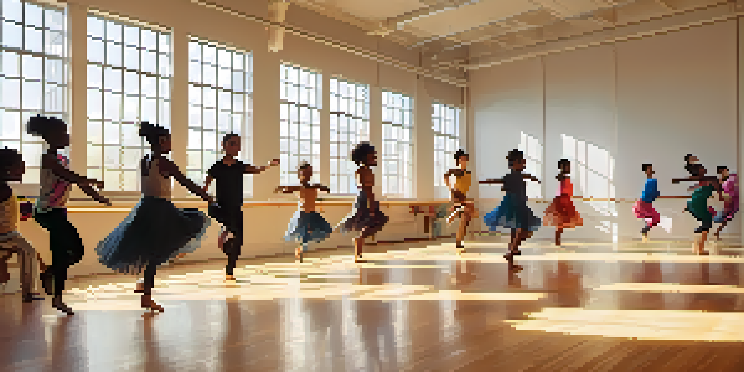 A group of diverse individuals participating in a dance therapy session in a bright studio, expressing themselves through movement with warm light filtering in from large windows.