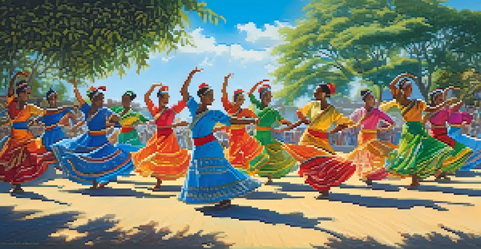 A group of diverse dancers in colorful traditional costumes performing outdoors with greenery and a blue sky in the background.
