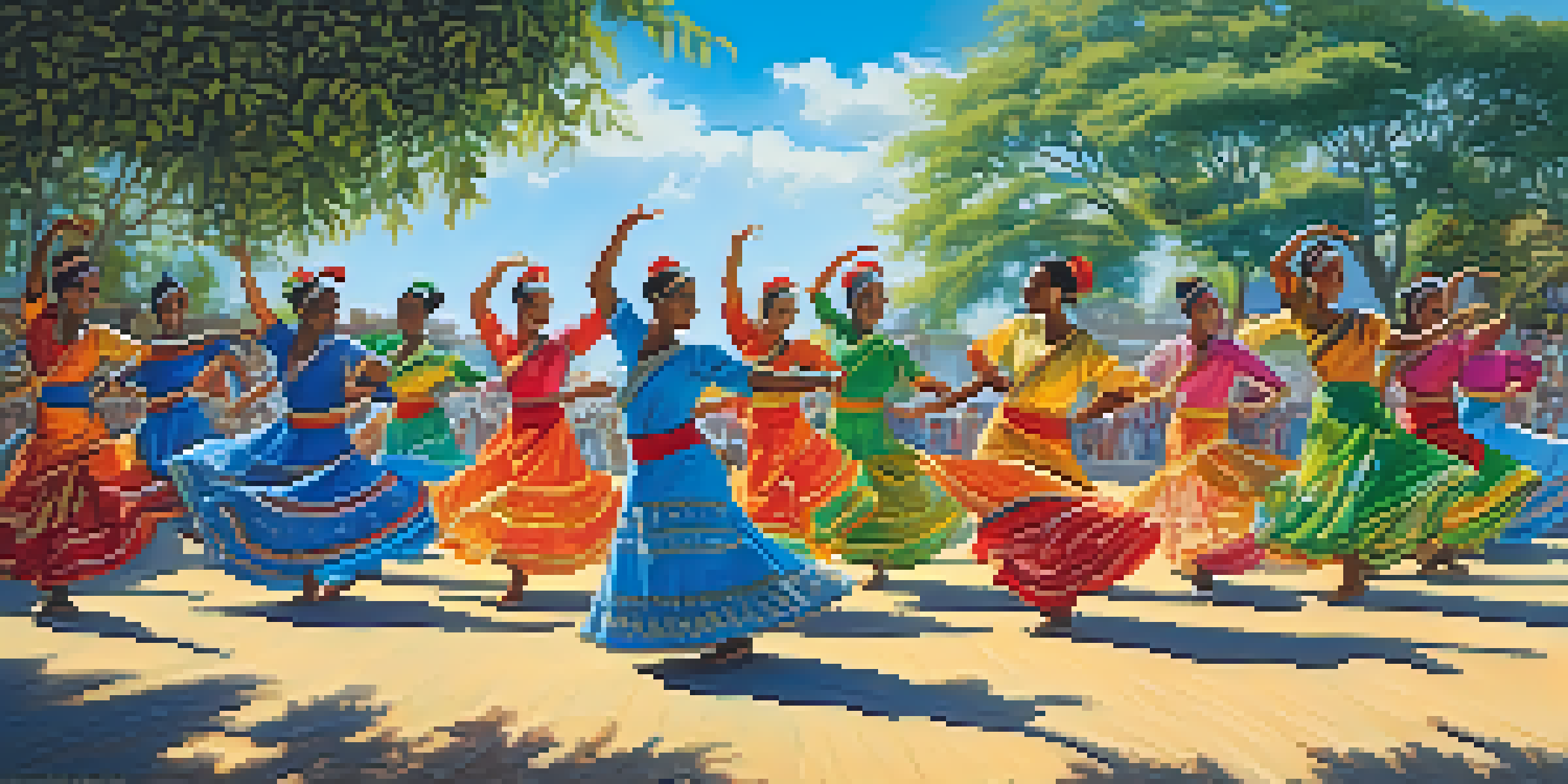 A group of diverse dancers in colorful traditional costumes performing outdoors with greenery and a blue sky in the background.