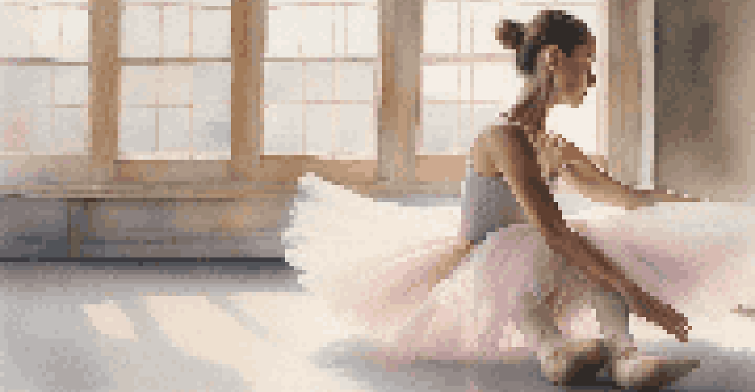 A ballet dancer in a pastel tutu en pointe, with a blurred dance studio backdrop and natural light.
