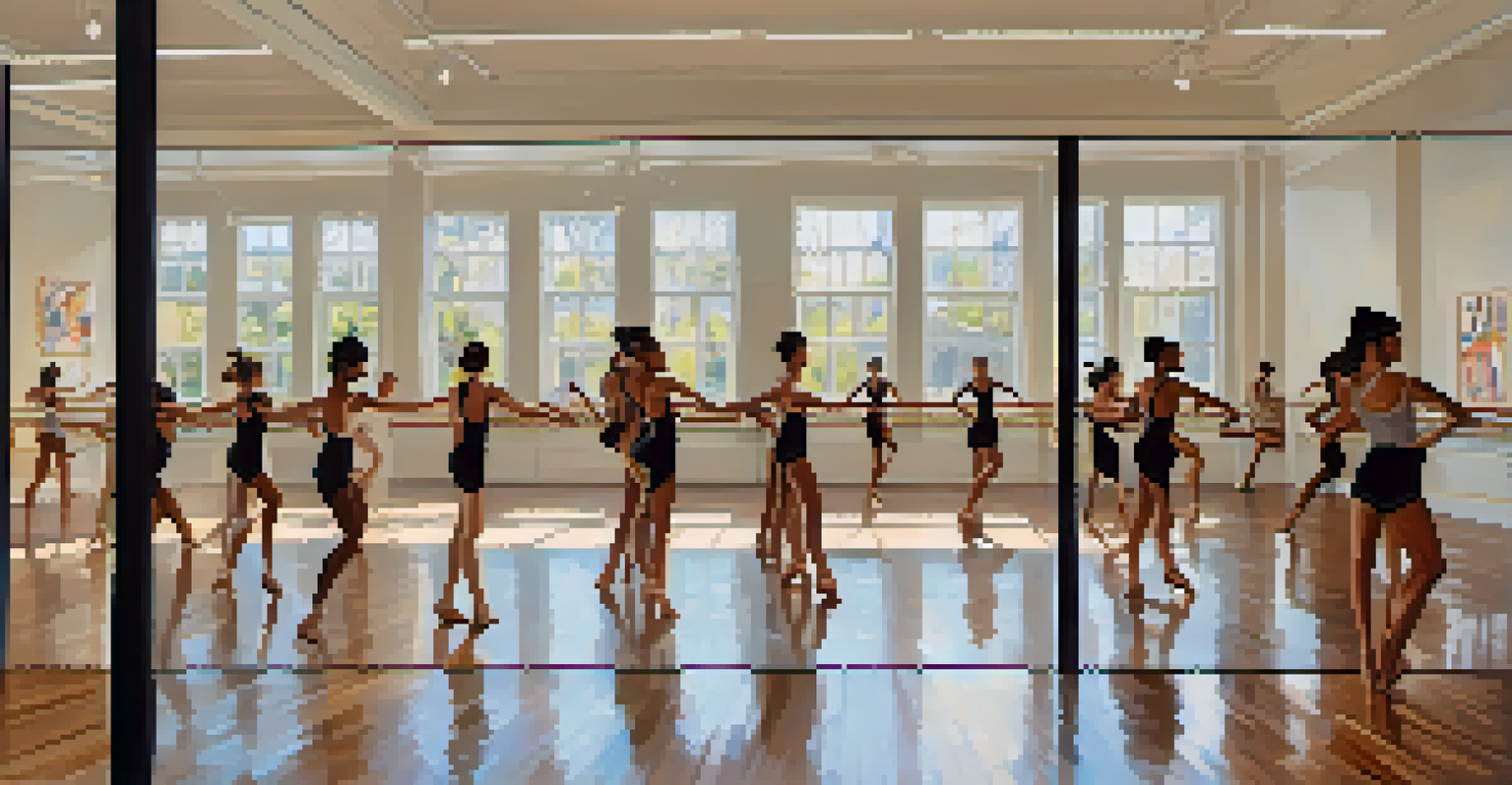 Dance studio with mirrors reflecting dancers practicing Labanotation, bright and airy atmosphere.