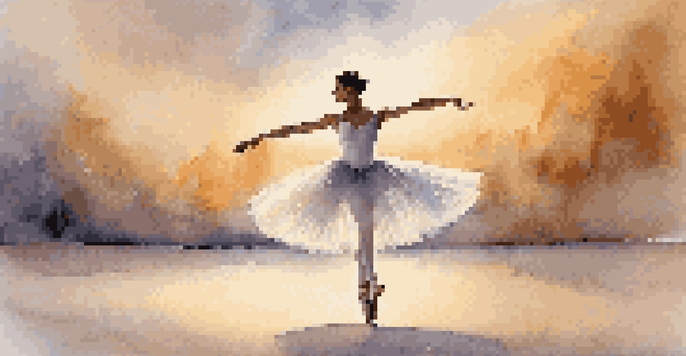 A ballet dancer in a white tutu performing a pirouette on a softly lit stage with a pastel-colored sky backdrop.