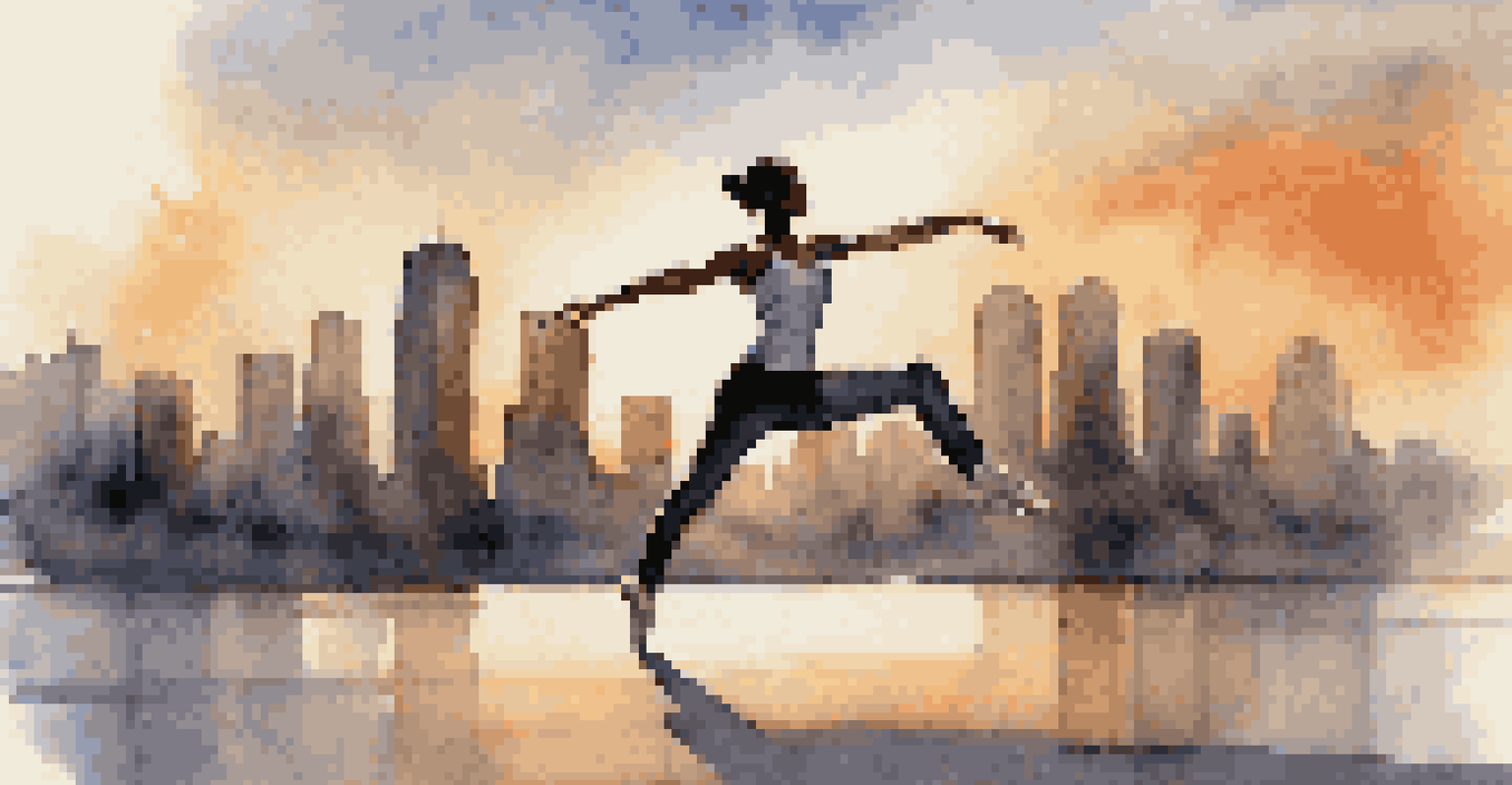 A dancer mid-leap in a modern dance performance, set against a city skyline at sunset, highlighting the contrast between fluid movement and urban architecture.
