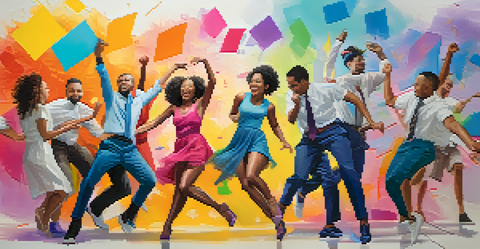A diverse team brainstorming creatively through dance, surrounded by colorful notes and an inspiring background.