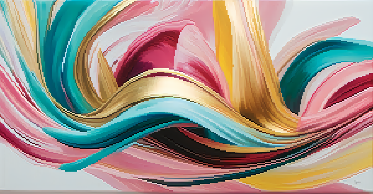 An abstract representation of dance movements with colorful brushstrokes in pink, teal, and gold against a white background.