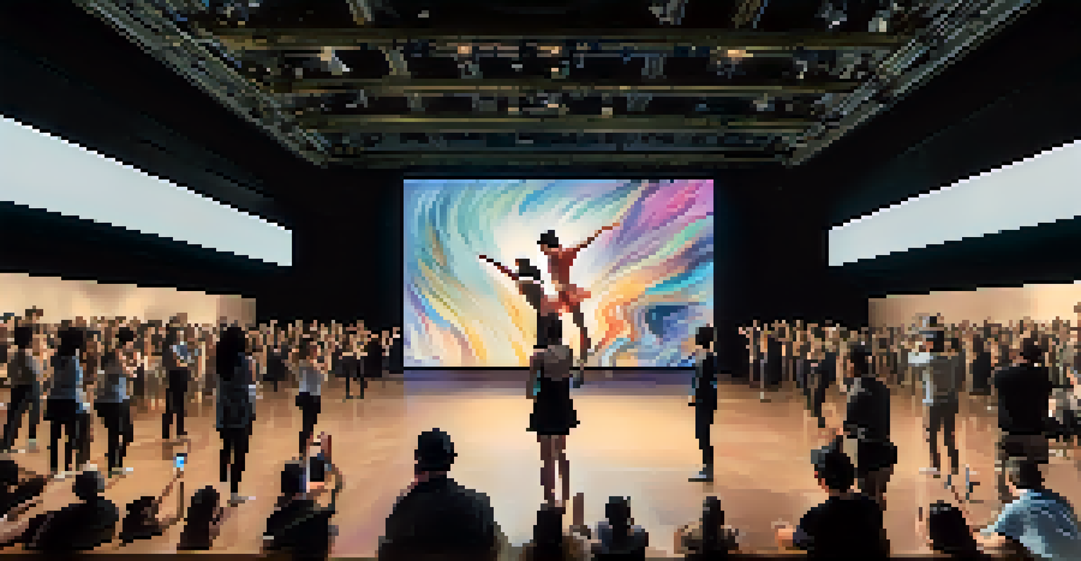 Audience members using smartphones to engage with a live dance performance enhanced by augmented reality visuals.