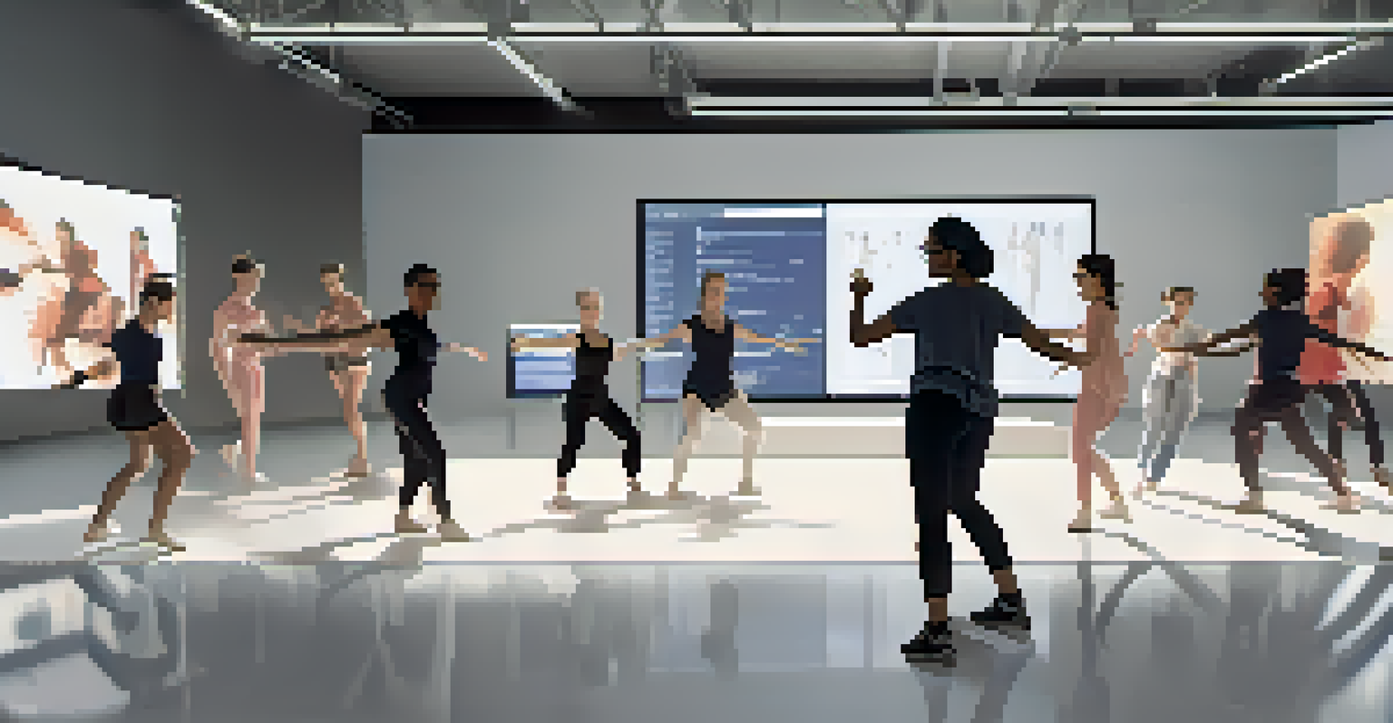 A female choreographer discusses digital animations with a group of dancers in a studio, showcasing collaboration between dance and technology.