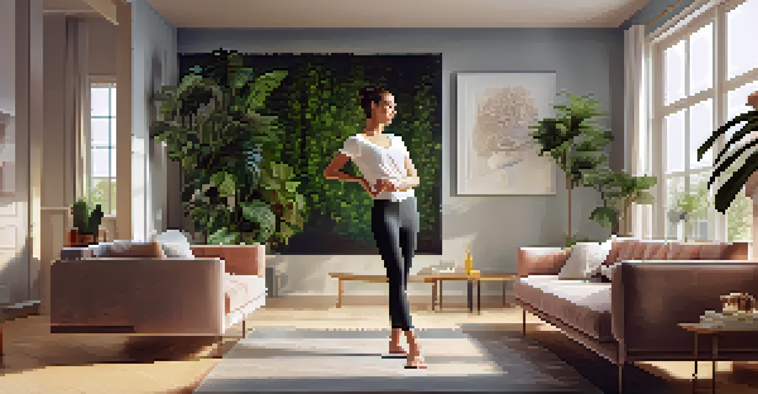 A dancer in a modern living room using a mobile app to learn dance choreography, surrounded by plants and warm light.