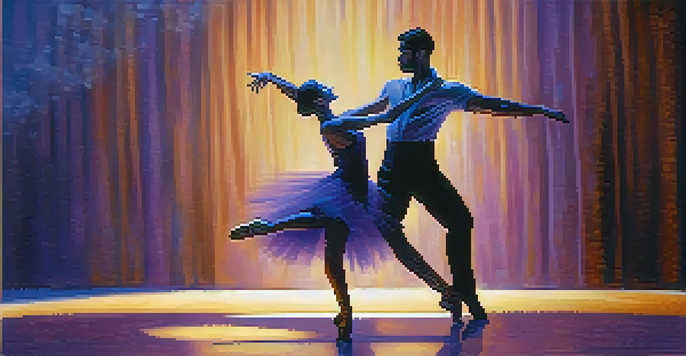 Two dancers in a duet on stage, showcasing connection and trust through their movements under soft blue and purple lighting.