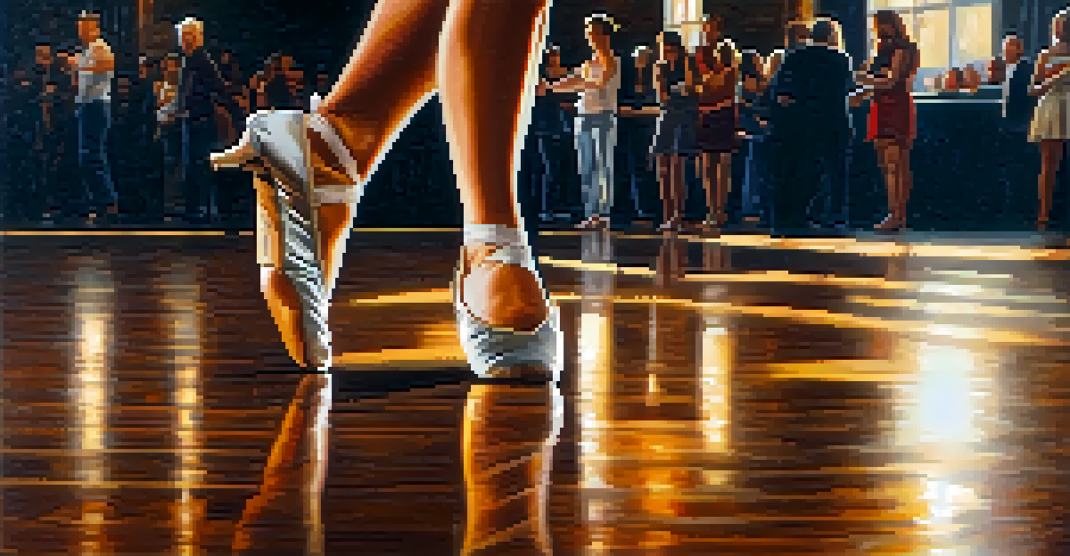 A close-up of a dancer's feet performing on a polished floor, highlighting the shoes and floor texture in dramatic lighting.