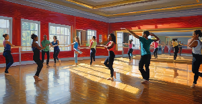 A dance studio with diverse individuals dancing joyfully in a warm and inviting atmosphere, with colorful decorations and a large mirror reflecting their movements.