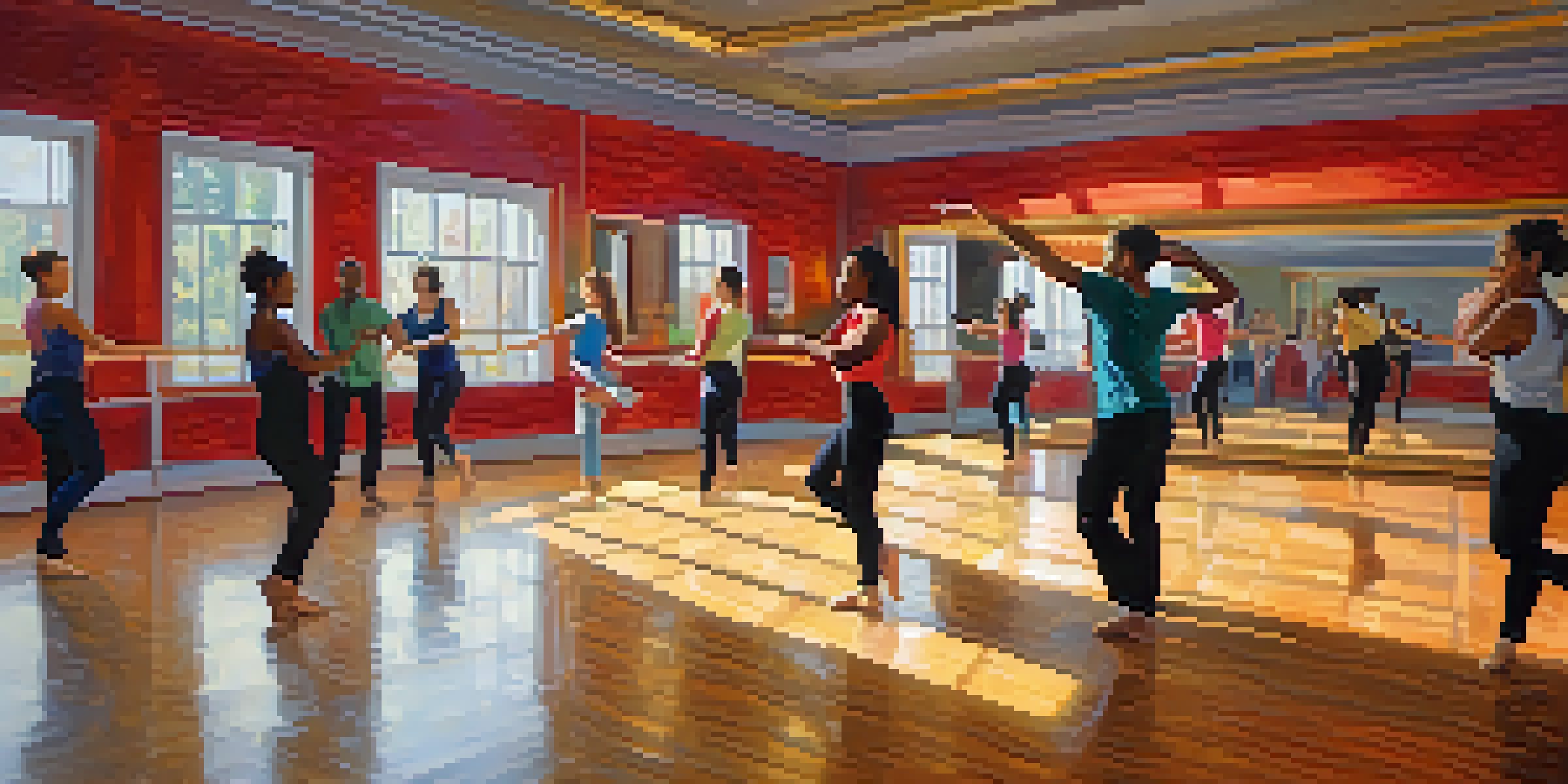 A dance studio with diverse individuals dancing joyfully in a warm and inviting atmosphere, with colorful decorations and a large mirror reflecting their movements.