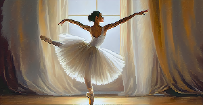 A ballet dancer in a white tutu performing a pirouette on stage, illuminated by a soft spotlight.