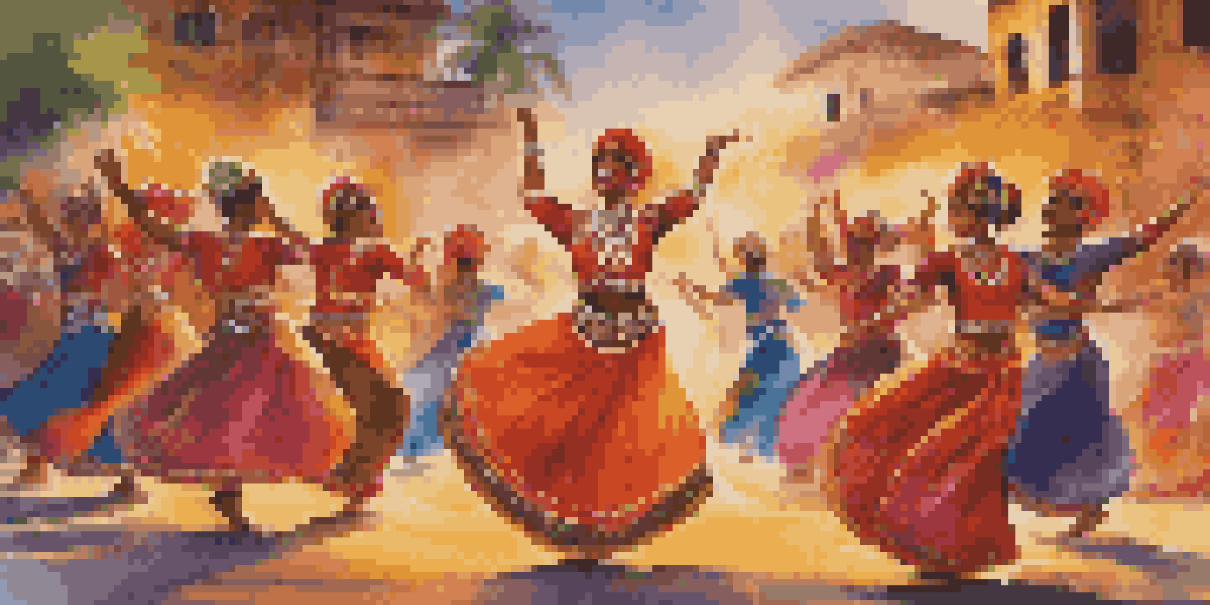 A lively outdoor cultural dance festival with dancers in traditional clothing, vibrant colors, and a warm sunset.