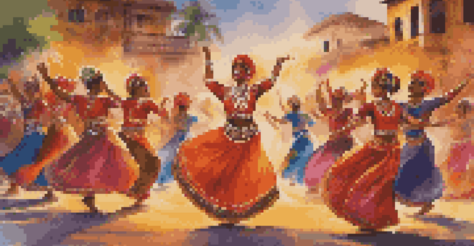 A lively outdoor cultural dance festival with dancers in traditional clothing, vibrant colors, and a warm sunset.