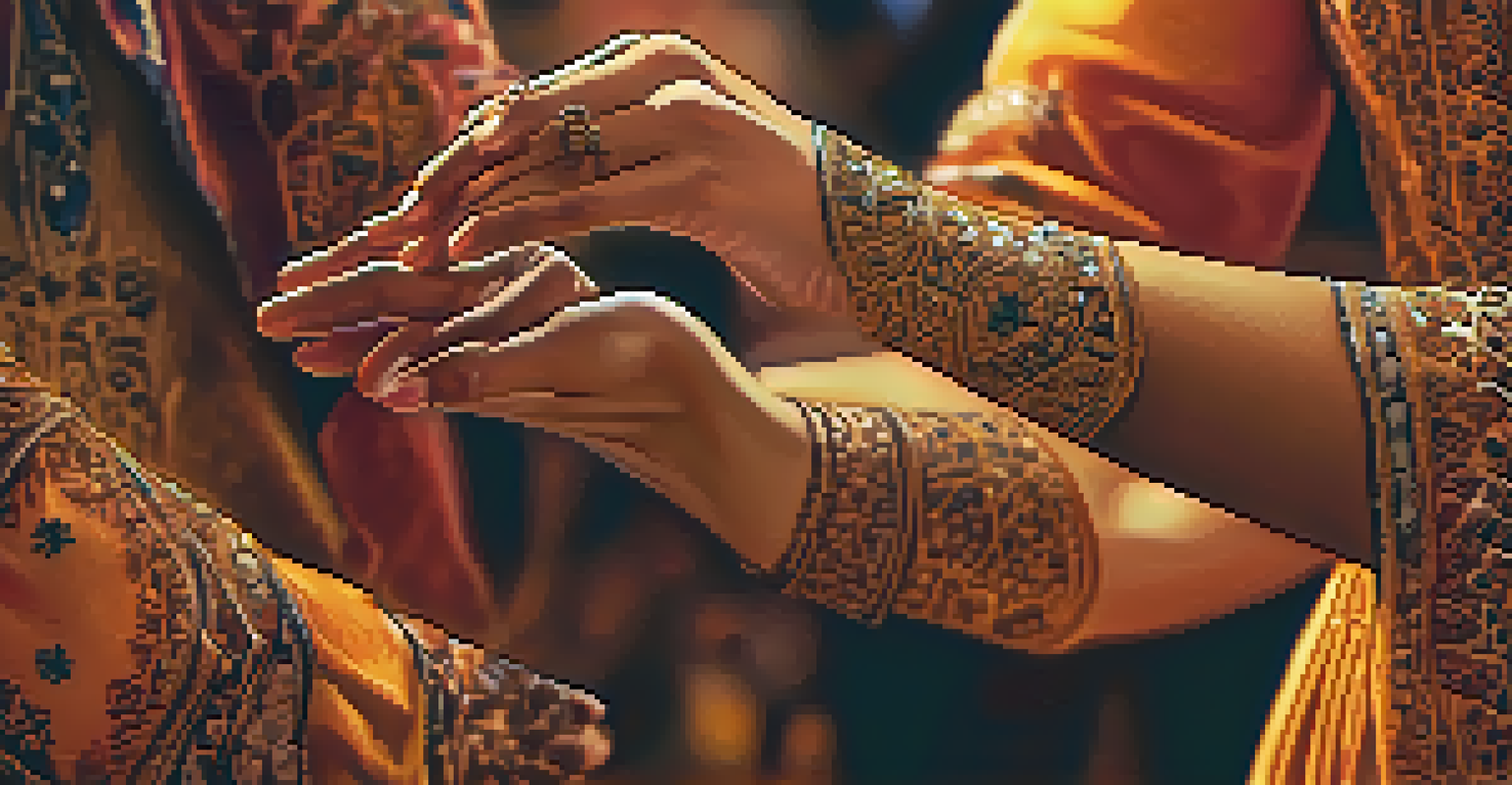 A close-up of hands clapping with henna designs, set against a blurred flamenco performance.