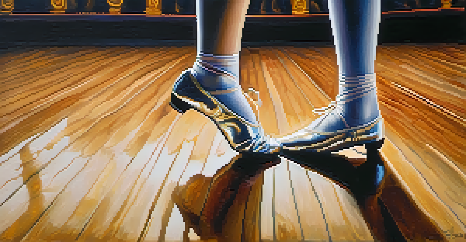 A close-up of a dancer's feet in shiny dance shoes on a polished wooden floor, with competition stage lights reflecting in the background, highlighting the intricate details.