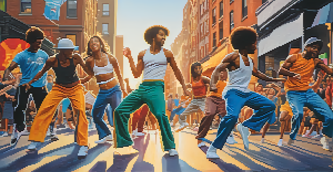 A group of diverse street dancers performing breakdancing in a colorful urban setting of 1970s New York City, with vibrant graffiti and warm sunset lighting.