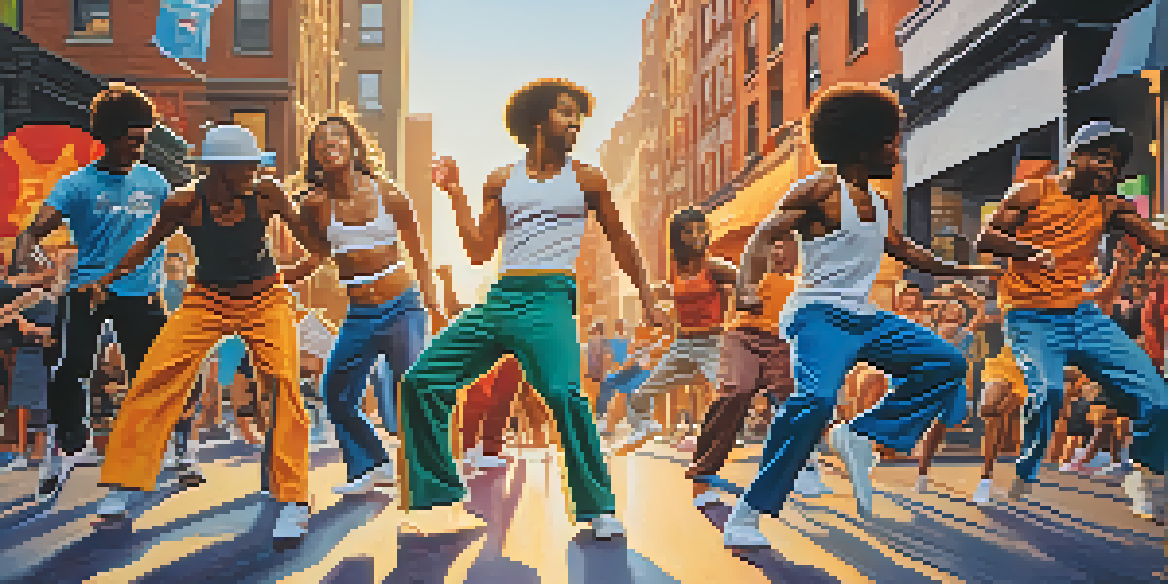 A group of diverse street dancers performing breakdancing in a colorful urban setting of 1970s New York City, with vibrant graffiti and warm sunset lighting.