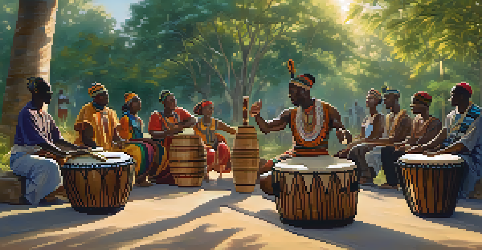 A vibrant African drumming circle with dancers in traditional attire enjoying the rhythm.