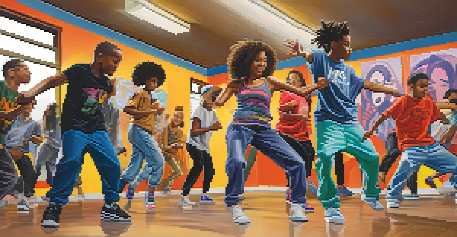 A lively hip-hop dance class with youth expressing joy through movement in a colorful room with graffiti art.