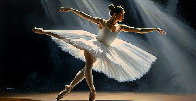 A ballet dancer in a white tutu performing a pirouette under a spotlight on a dark stage.