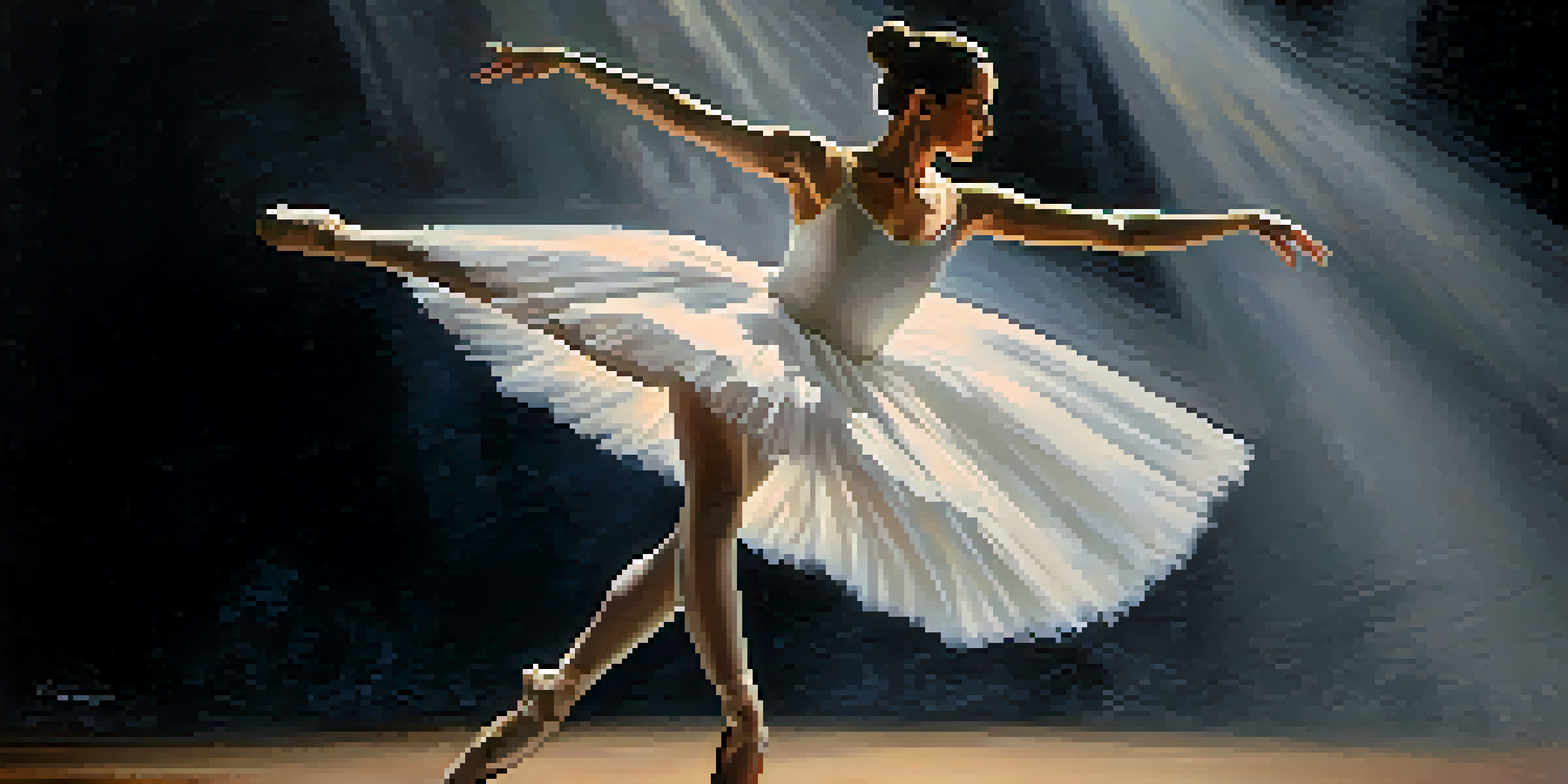 A ballet dancer in a white tutu performing a pirouette under a spotlight on a dark stage.