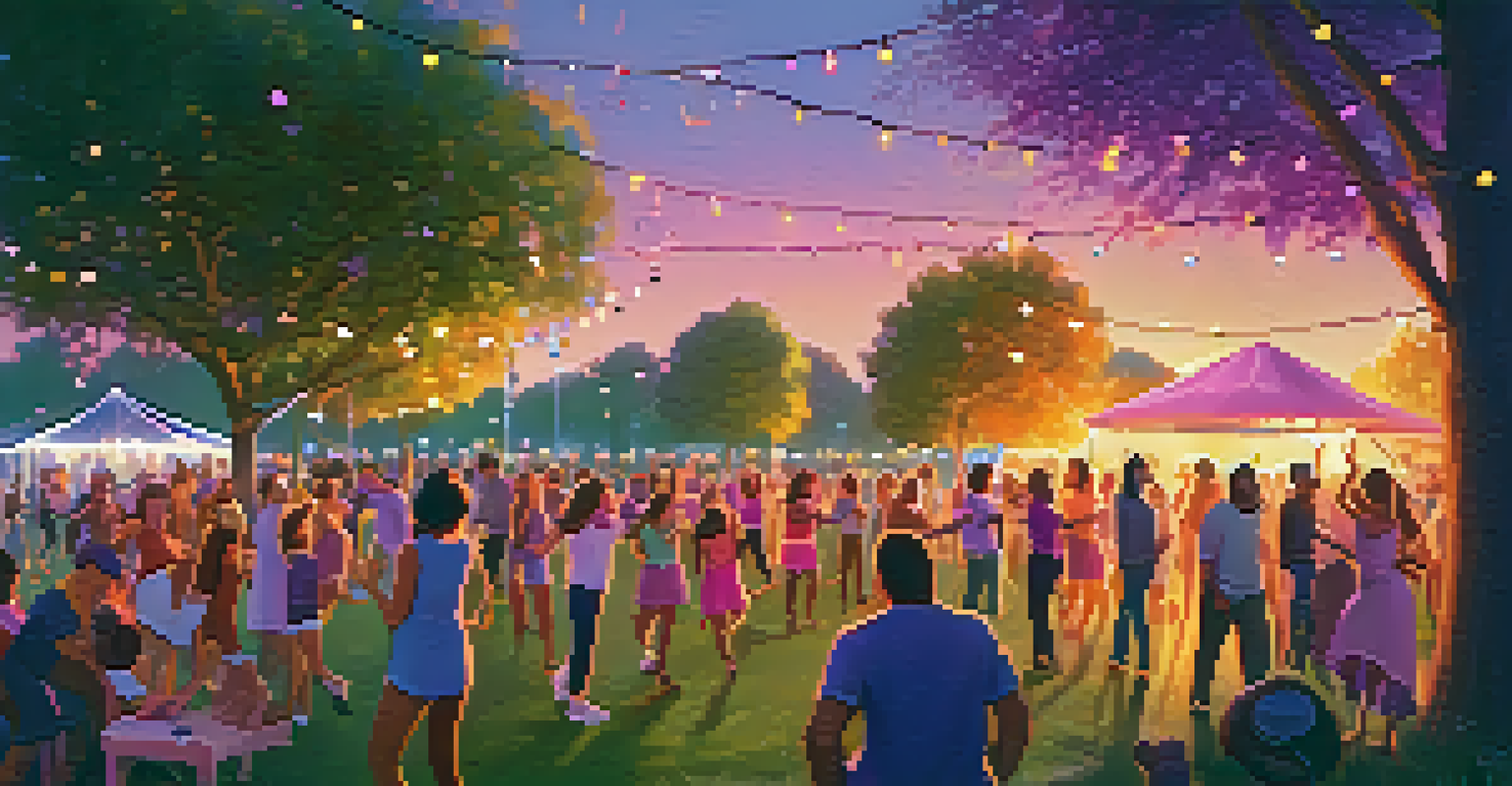 A joyful outdoor dance party in a park at sunset, with people dancing under fairy lights.