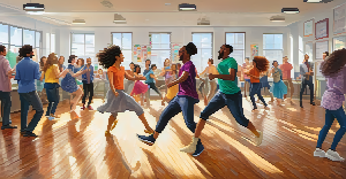 Employees of diverse backgrounds participating in a lively dance workshop in a bright office space, showcasing joy and creativity.