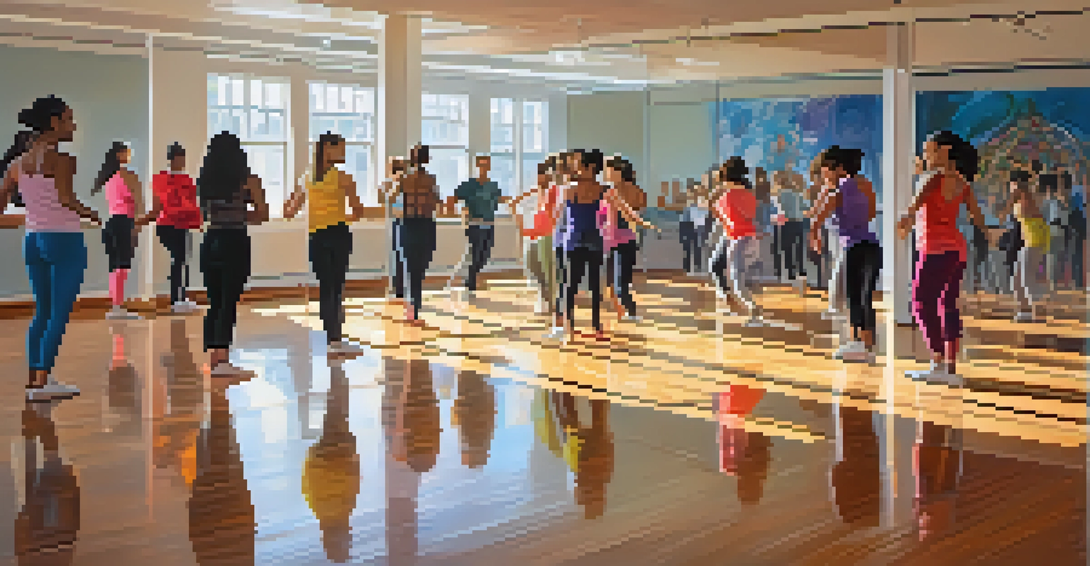 A lively dance studio where a group of diverse students practice choreography, surrounded by mirrors and colorful posters.