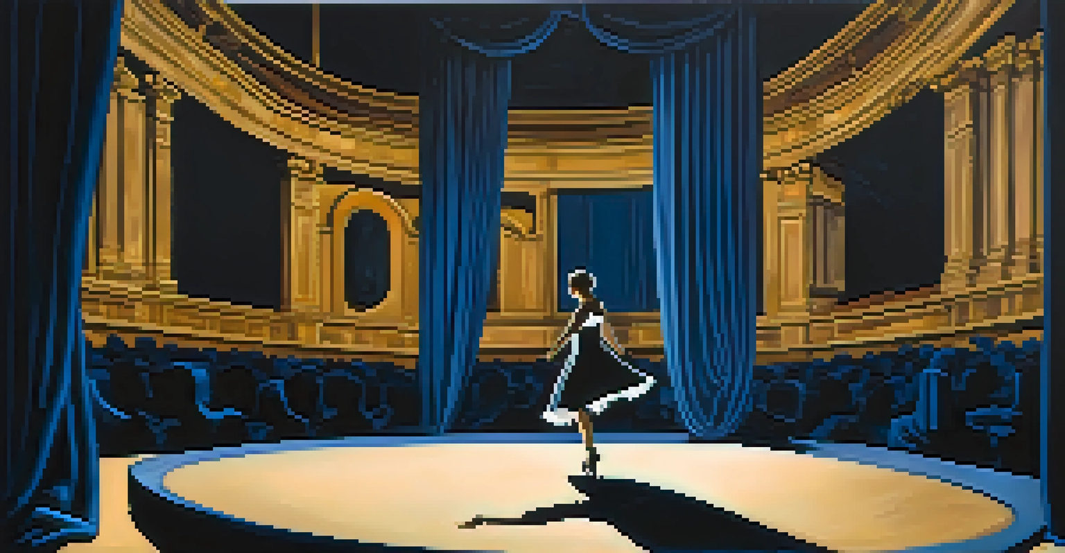 A solo dancer on a theater stage illuminated by soft lights, with a dark blue curtain in the background.