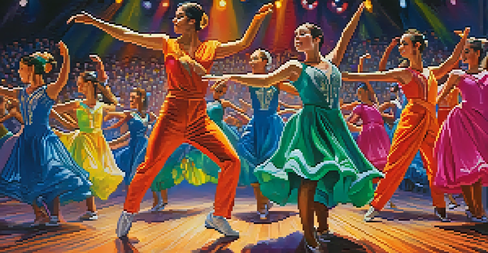 A group of dancers in colorful costumes performing together on stage with bright lights and an enthusiastic audience.