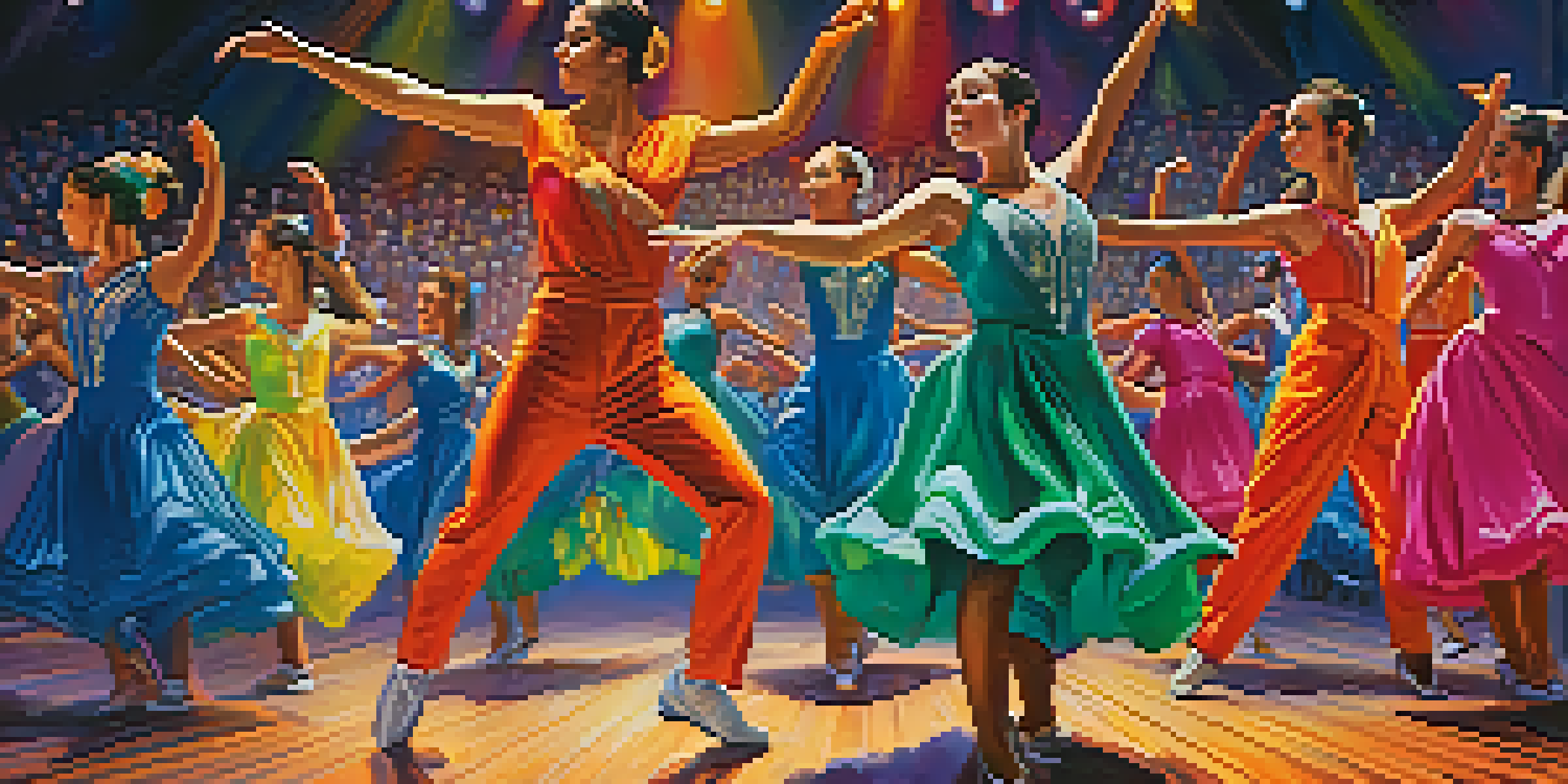 A group of dancers in colorful costumes performing together on stage with bright lights and an enthusiastic audience.