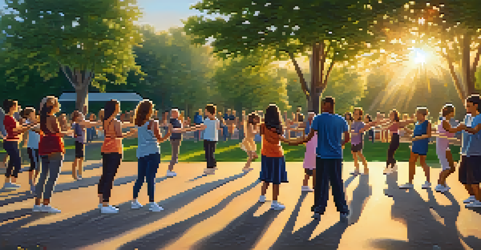 A diverse group of people dancing in a park during sunset, highlighting community and learning.