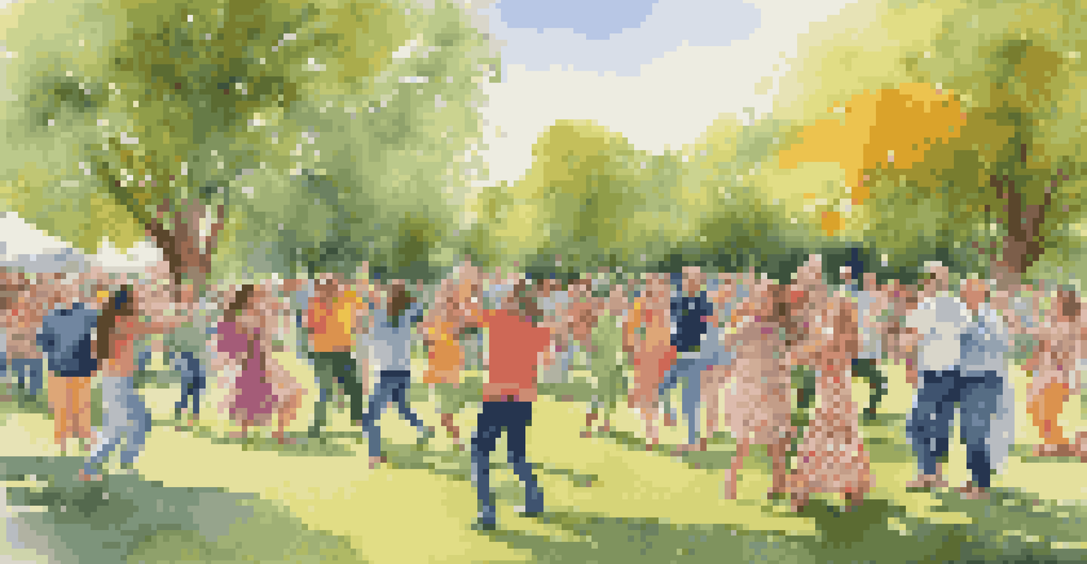 A community dance event in a park with a local band, filled with people dancing and enjoying the lively atmosphere.
