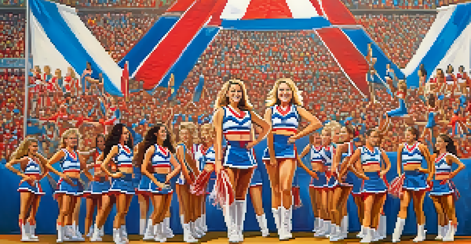 Cheerleaders forming a pyramid in a competition, with an enthusiastic audience in the background.