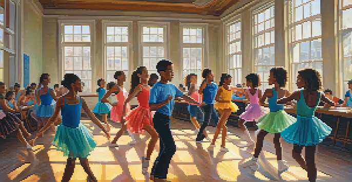 A lively dance class in a colorful classroom with diverse students practicing various dance styles, illuminated by natural light.