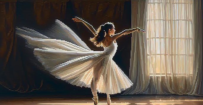 A ballet dancer in mid-pirouette, wearing a white tutu, with warm lighting and a velvet curtain in the background.