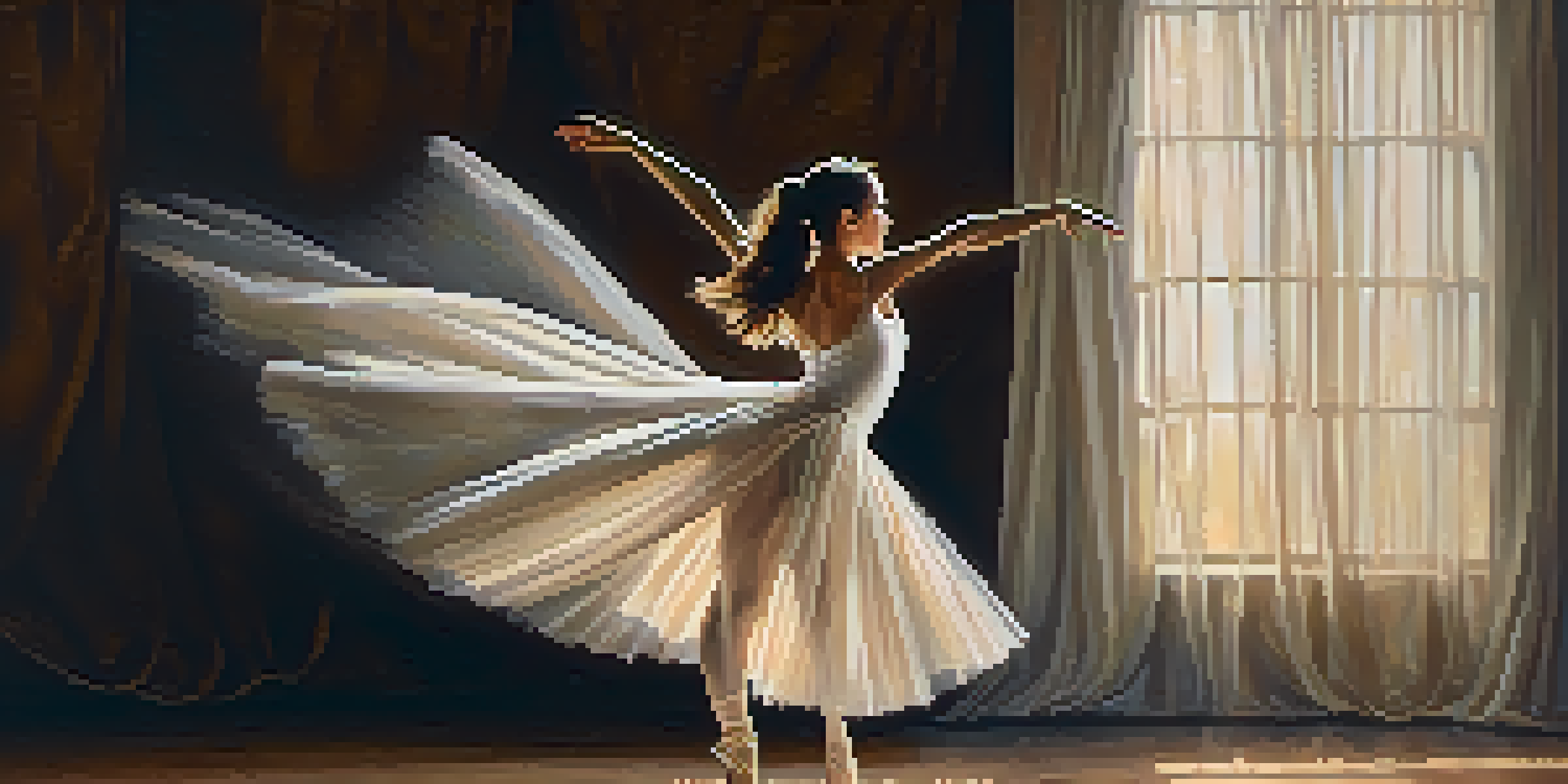 A ballet dancer in mid-pirouette, wearing a white tutu, with warm lighting and a velvet curtain in the background.