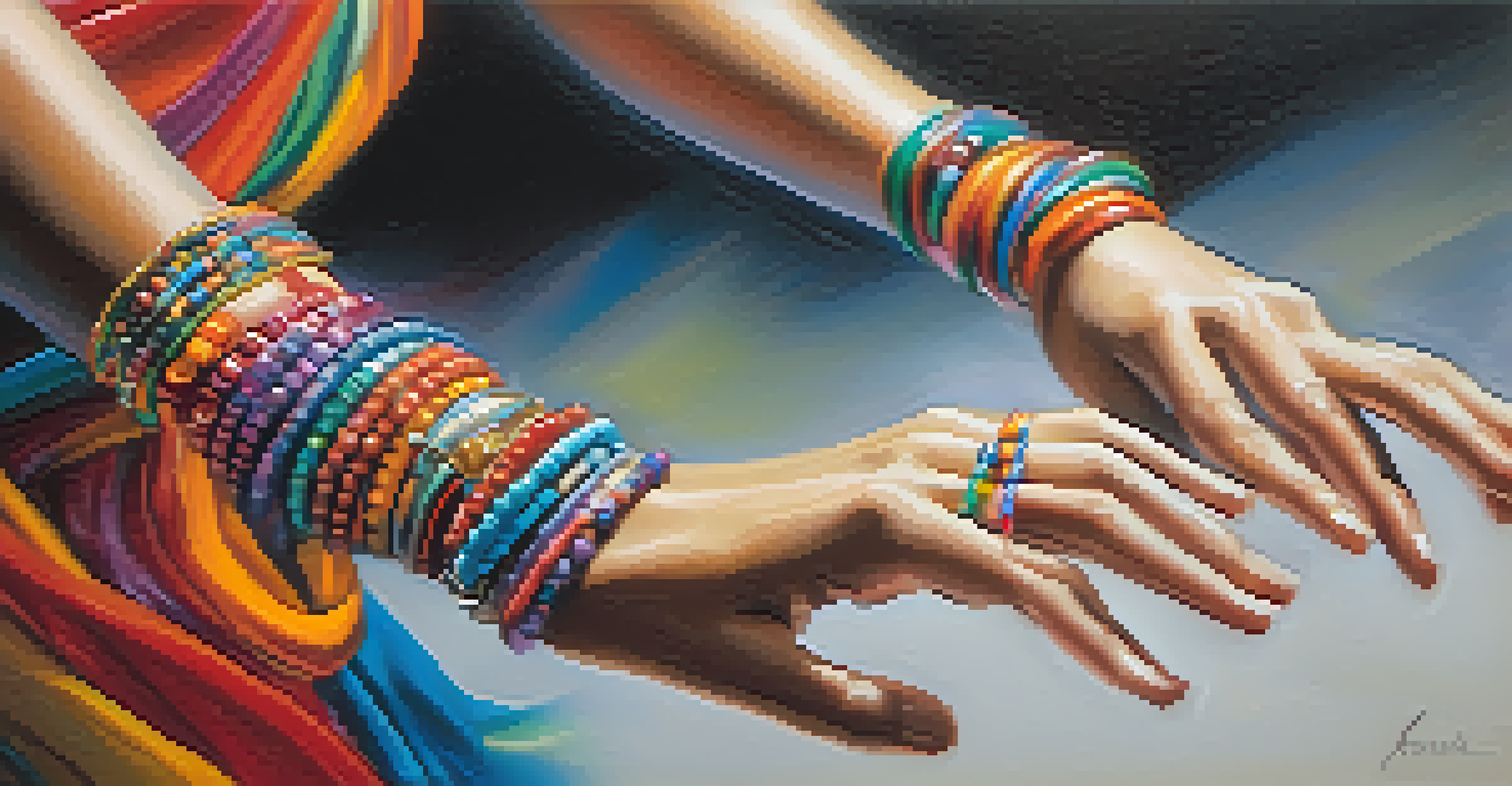 A close-up of a dancer's hands in motion, adorned with colorful bracelets, against a softly blurred warm background.